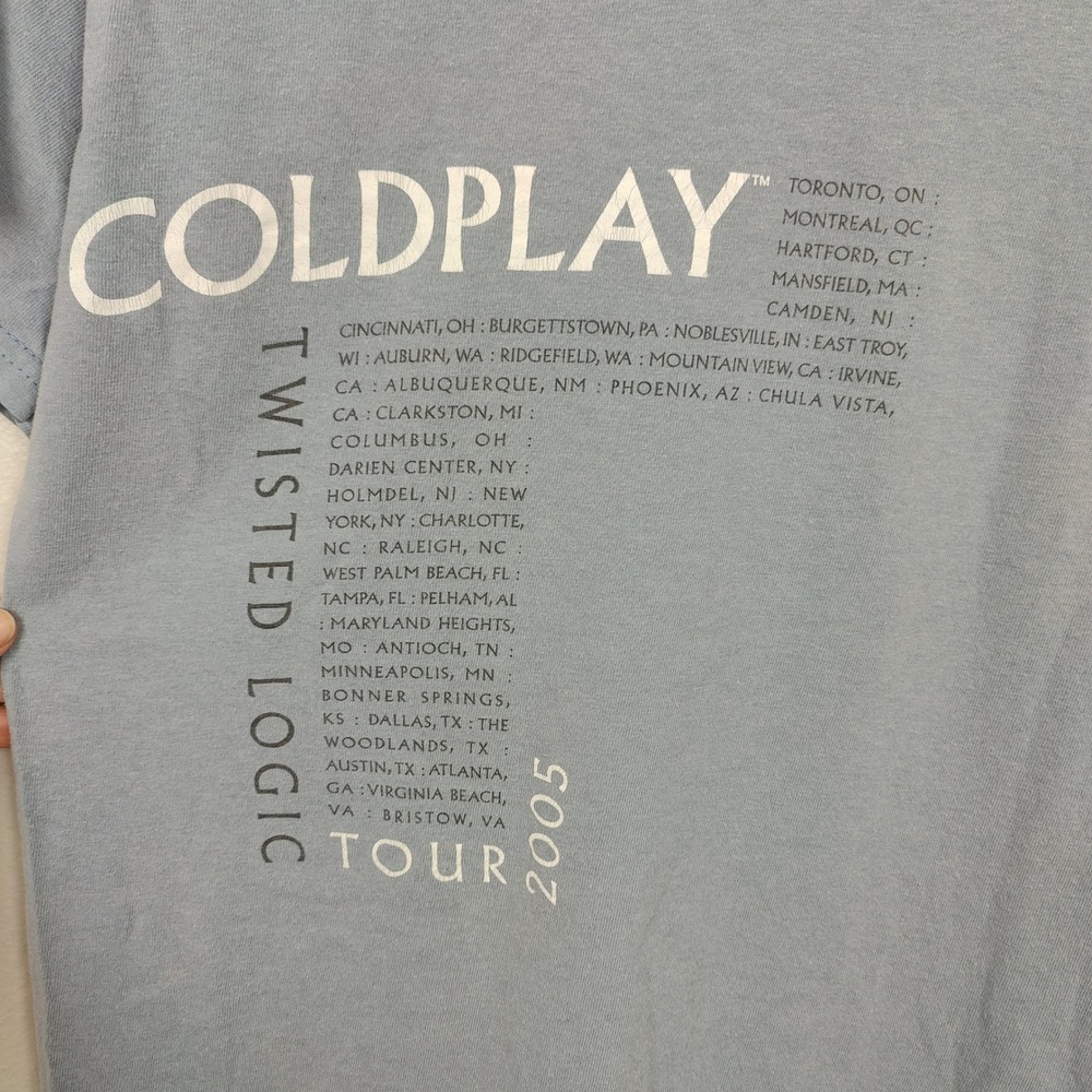 Vintage 2005 Coldplay Twisted Logic Tour T-Shirt Small Blue Graphic Band Tee - Picture 10 of 11